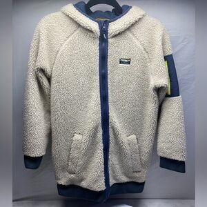 LL BEAN Youth Sherpa Fleece Long Coat SIZE L (14-16) Soapstone/Carbon Navy $99